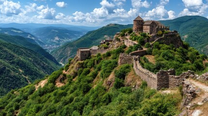 Obraz premium Panoramic view of a medieval stone castle perched atop a verdant hill, overlooking a vast valley under a partly cloudy sky. Ruined walls extend down the hillside