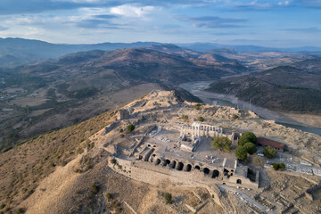 Pergamon Ancient City drone view in Bergama Town of Turkey