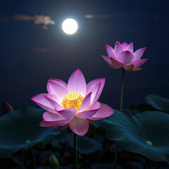 Moonlit Lotus Pond: Serene Floral Beauty in 8k Detail, a Peaceful Masterpiece.