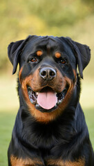 Fototapeta premium Happy rottweiler dog smiling with tongue out outdoors