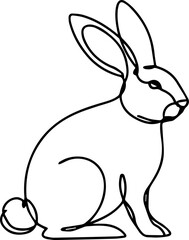A minimalist line drawing of a rabbit sitting upright, showcasing its ears, body, and tail in a continuous, flowing line.