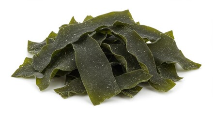 Dried kombu seaweed strips pile isolated on white background