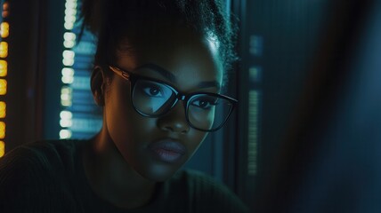 Young woman working as a system administrator, managing network equipment and monitoring servers in a high tech server room environment