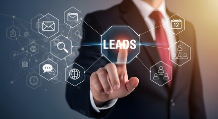 Professional businessman touching the word LEADS on a digital interface surrounded by business icons, symbolizing lead generation and customer acquisition strategies.