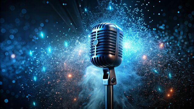 Vintage Microphone with Blue Glowing Particles in Dark Studio
