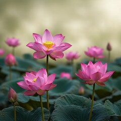 Pink Lotus Pond: A serene collection of blooming lotus flowers in high detail, 8k.