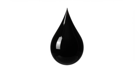 A single glossy black drop of liquid suspended against a pure white background