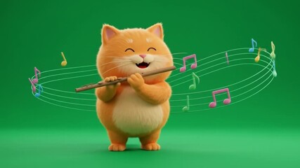 Cartoon Cat Playing Flute with Musical Notes on Green Background