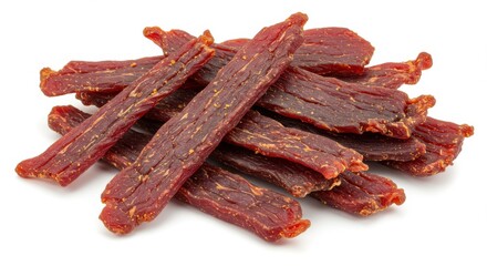 Pile of delicious dried beef jerky strips with visible seasoning on white background