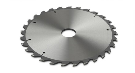 Close up of a sharp metal circular saw blade with teeth on a white background