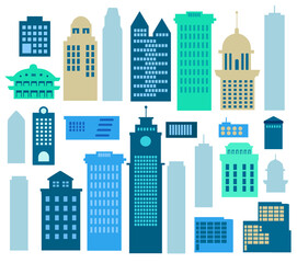 Colorful skyscrapers and office buildings create a vibrant cityscape, representing modern urban architecture and a thriving downtown business district