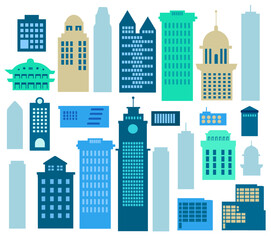 Colorful skyscrapers and office buildings create a vibrant cityscape, representing modern urban architecture and a thriving downtown business district