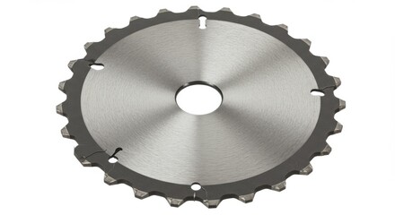 Close up of a metal circular saw blade with sharp teeth and a central hole
