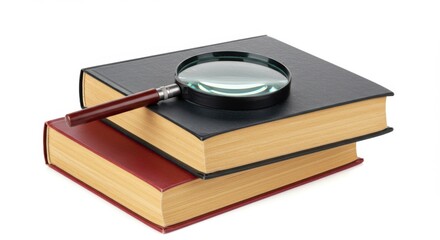 Magnifying glass placed on a stack of two hardcover books on a white background