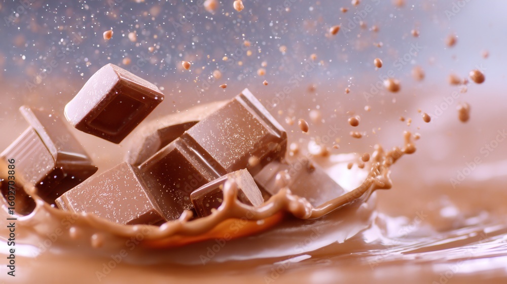 Poster motion chunks falling into steaming cocoa, forming rich splashes and scattered droplets with intense