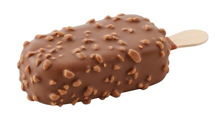Delicious chocolate covered ice cream bar with nuts on a stick
