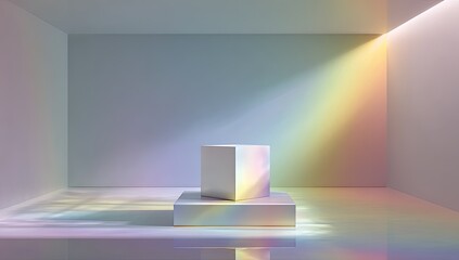 Empty white cube podium on a iridescent platform, bathed in light