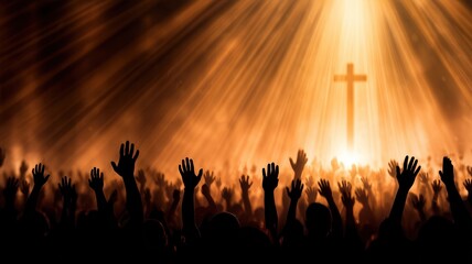 Believers raising hands in joyful praise and worship glowing a beneath cross silhouette, united in faith and celebration
