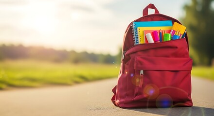 Red backpack filled with school supplies on a sunny path