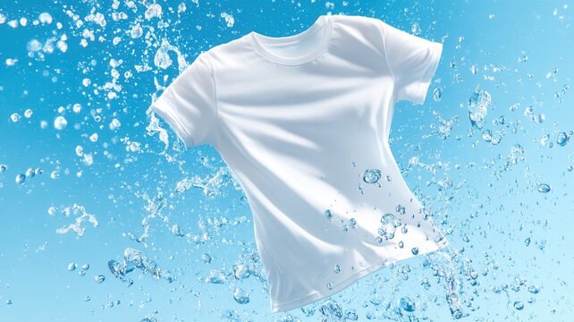 White t shirt floating amid dynamic water splashes, crisp cleanliness fabric highlighting against soft blue background