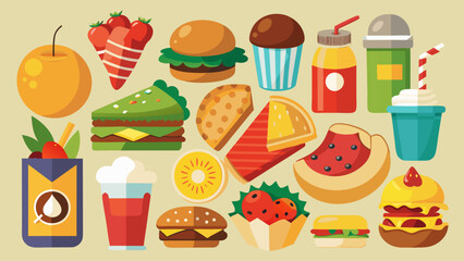 Vector art of a vibrant and diverse collection of popular food items including burgers pizza sandwiches fruits and drinks arranged in a lively flat design