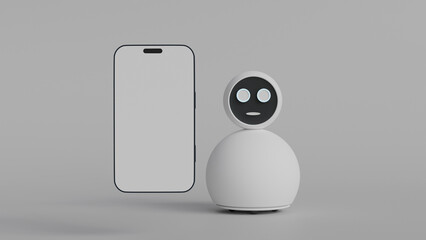 Home assistant robot with face screen standing next to phone and white screen on white background...