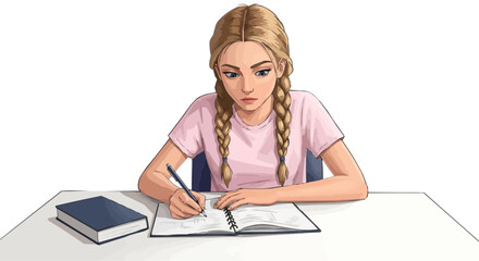 Young girl with blonde braids writing in a notebook at a desk with a book next to her in a bright room