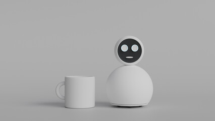 Model of round white home assistant robot with face screen and white cup standing next to it on light gray background, robotics for home use