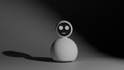 3D model of round white home assistant robot with face screen on dark background as concept of...