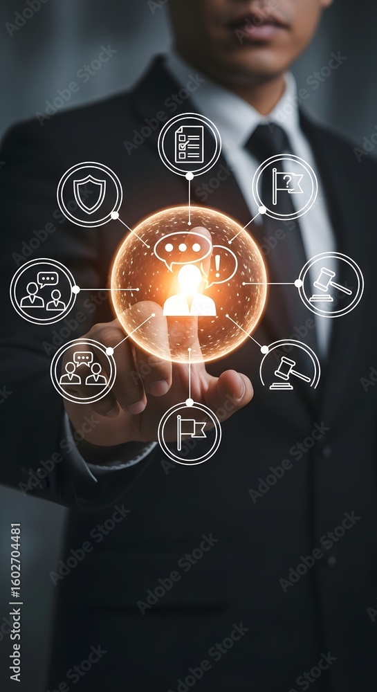 Poster professional businessman interacting with futuristic digital interface displaying business strategy 