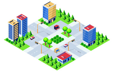 Modern city with skyscrapers, roads, cars, trees and traffic lights in isometric projection