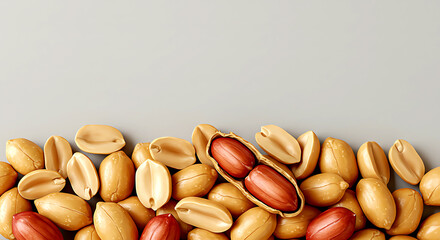 Pile of Shelled and Unshelled Peanuts with Red Kernels on Gray Background legume snack