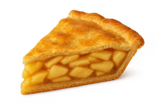 Golden-brown apple pie slice exposing caramelized filling, glistening with sweet layers against pristine transparent backdrop