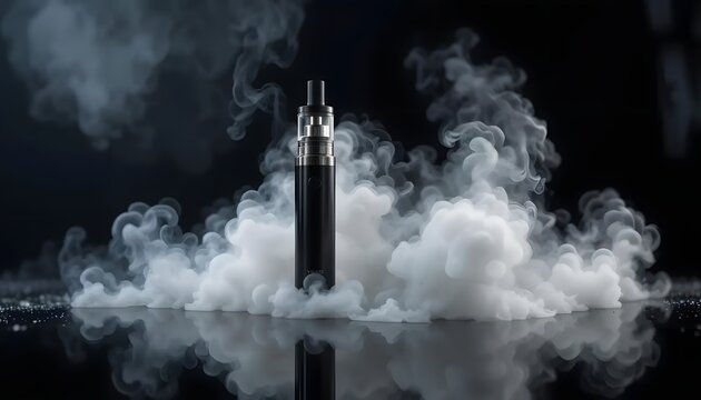 Modern vape pen amidst swirling vapor clouds against a striking black background for sophisticated lifestyle brands