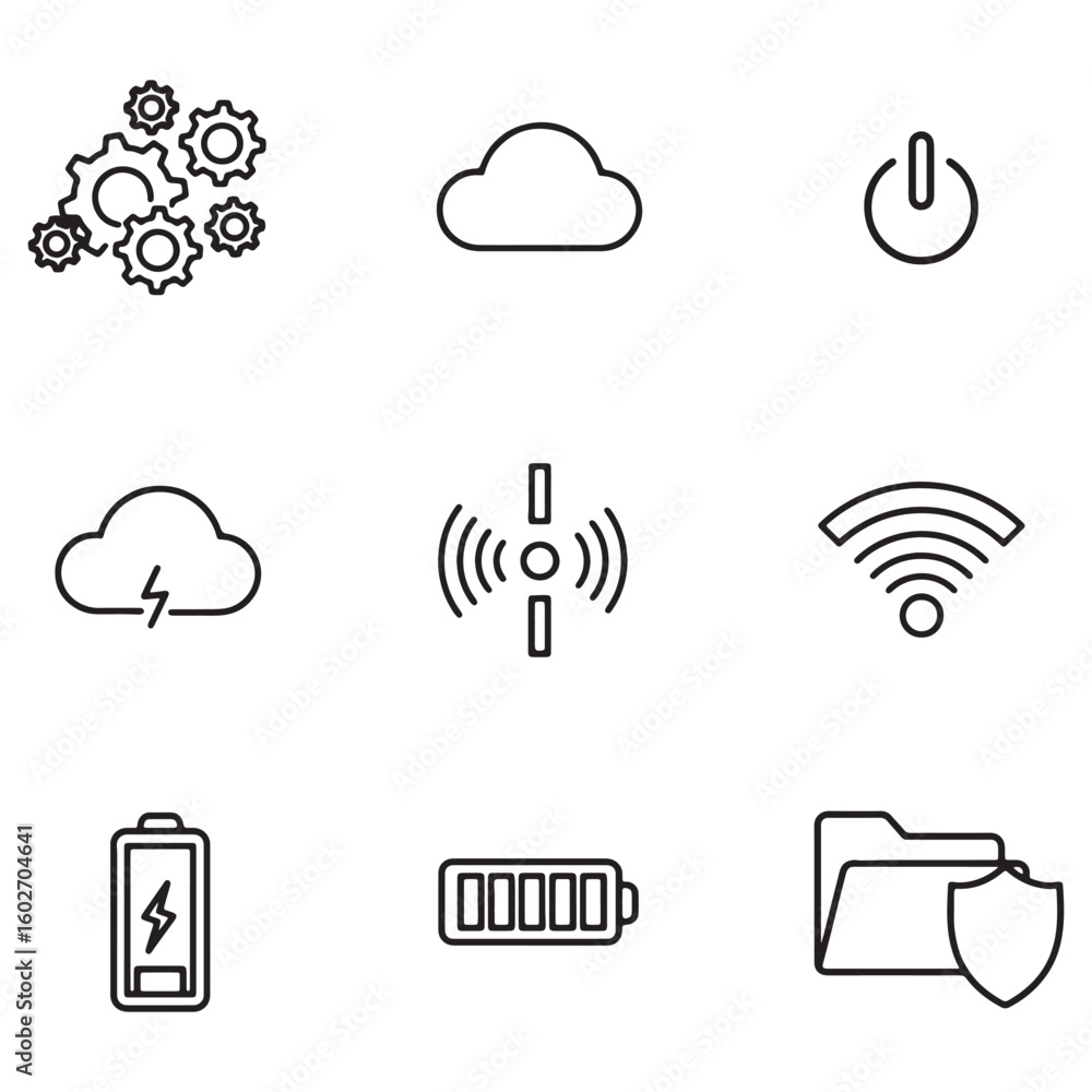 Aufkleber Minimalist outline icons representing technology, cloud computing, and wireless connection concepts