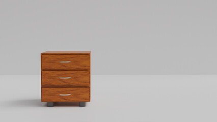 Wooden nightstand with three drawers on a gray background in the interior, isolated 3D model of...