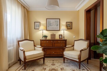 Elegant living room with two armchairs and antique wooden dresser