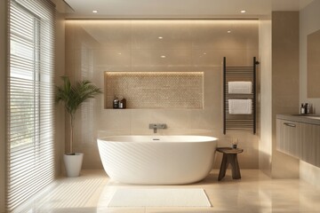 Modern bathroom with freestanding bathtub and natural light from blinds