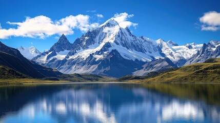 Majestic snow-capped mountains and mirror lake landscape illustration, conveying tranquility and grandeur, ideal for digital wallpapers, travel posters, and meditation themes