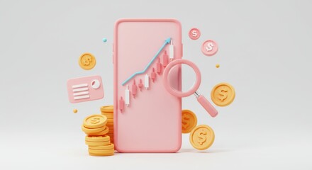 3d illustration of financial growth analysis on a smartphone with coins and magnifying glass