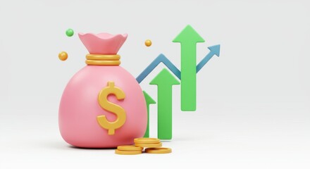 Pink money bag with dollar sign and rising green and blue arrows symbolizing growth