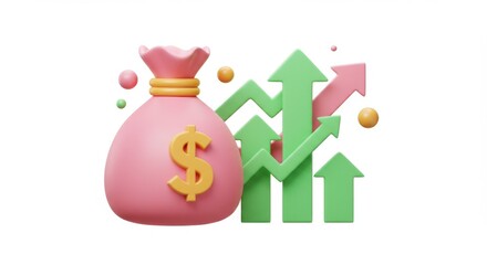 Pink money bag with golden dollar sign and rising green and pink arrows