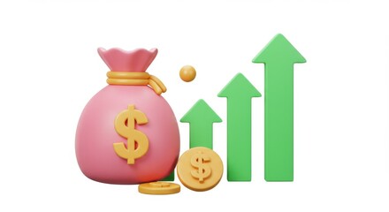 Pink money bag with dollar sign and green rising arrows representing financial growth