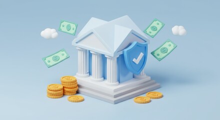 3d illustration of a bank building with flying money and coins symbolizing financial security