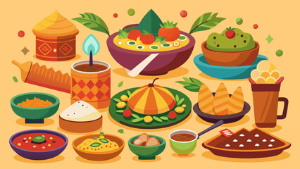 Vector art of an array of delicious indian food items including curries sweets and snacks is presented attractively on a warmtoned background