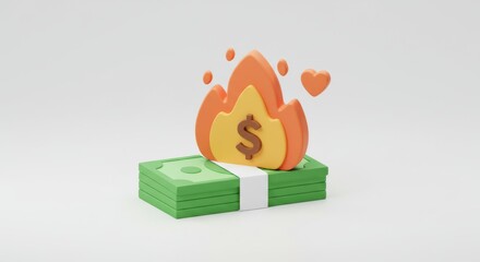 Stylized 3d illustration of a stack of money on fire with a dollar sign and hearts