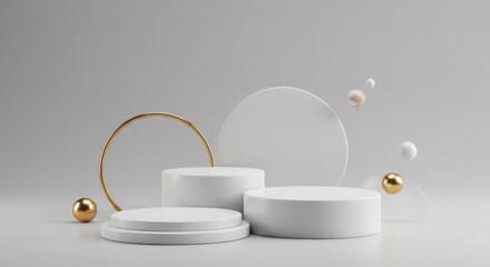 Modern minimalist display podiums with gold accents and abstract shapes