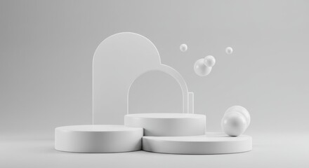Minimalist white podiums and spheres against a soft grey background