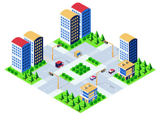 Isometric cityscape with skyscrapers, roads, cars, and green areas