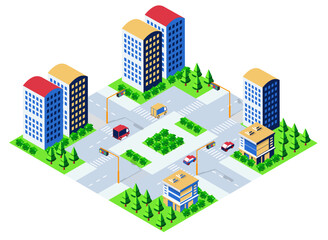 Isometric cityscape with skyscrapers, roads, cars, and green areas